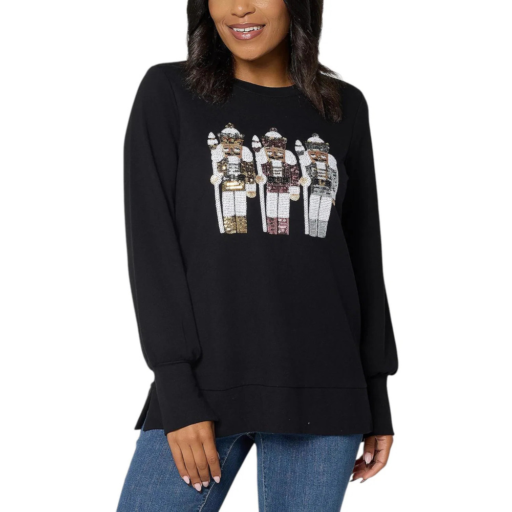 Jingle Belles by Kim Gravel Women's Sequin Nutcracker Knit Top Black - Regular